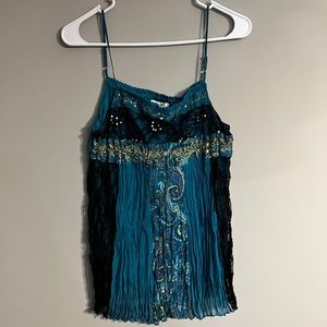 At Last Womens Boho Turquoise Spaghetti Strap Lace & Sequins Top Size Large